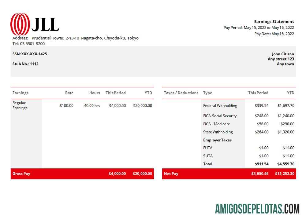 Palavra de recibo de pagamento da JLL Real Estate Company dos EUA baixar para verificação